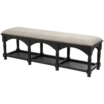 59" Black & Beige Fabric Arched Storage Bench with Traditional Turned Legs