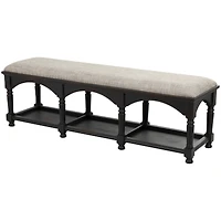 59" Black & Beige Fabric Arched Storage Bench with Traditional Turned Legs