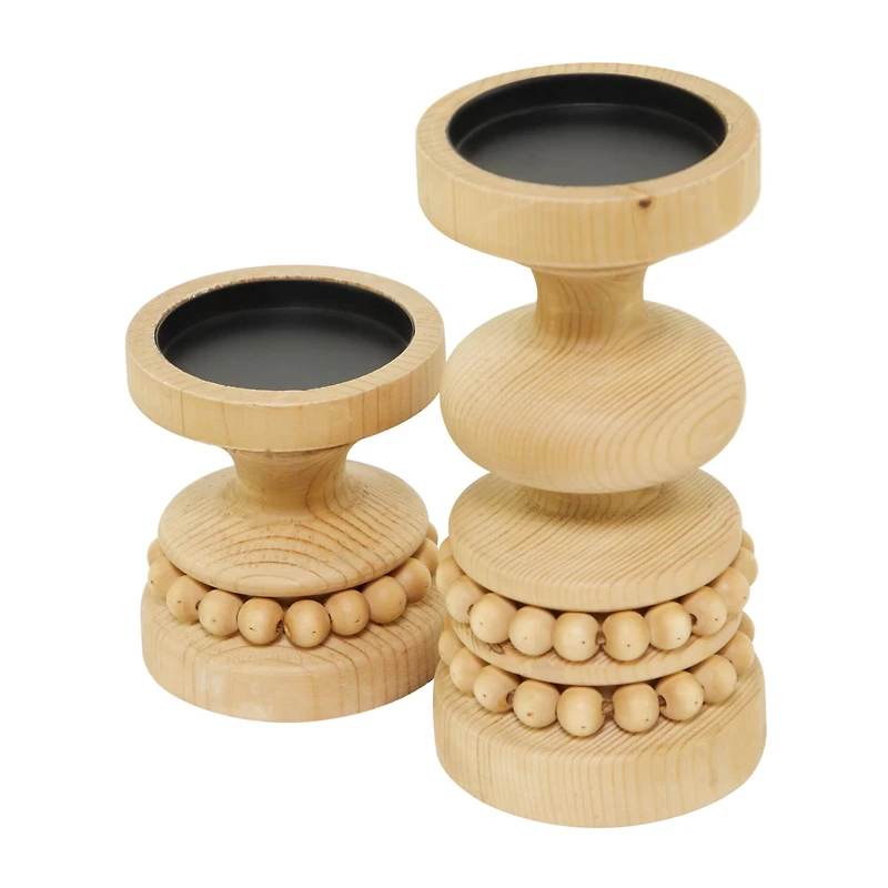 The Novogratz Brown Wood Beaded Pillar Candle Holder Set