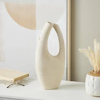 17.5" Cream Paper Mache Abstract Curved Cutout Vase with Brown Distressed Texturing