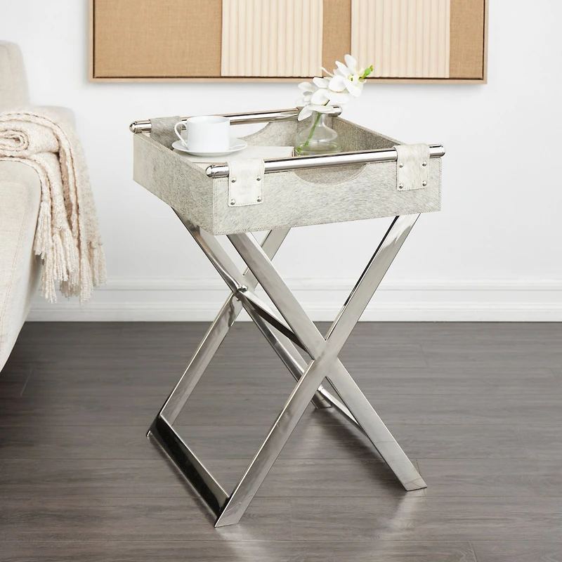 25" Gray Leather Geometric Accent Table with Silver Metal Base