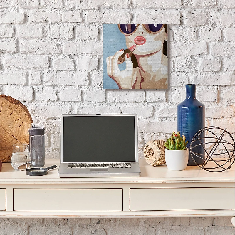 Stupell Industries Fashion Designer Lips Kiss Blue Painting Canvas Wall Art