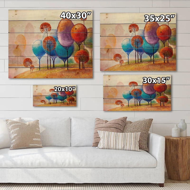 Designart - Colourful Trees Impression III - Traditional Print on Natural Pine Wood
