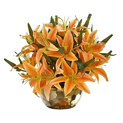 14" Lily Arrangement in Gold Vase