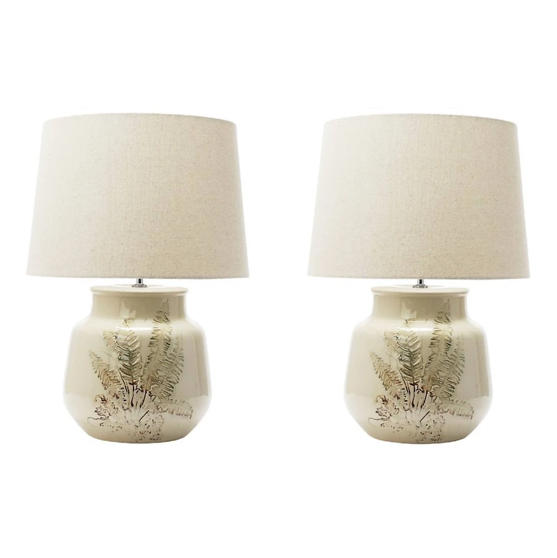 Hello Honey® 22" Cream and Green Reactive Crackle Glaze Debossed Botanical Stoneware Table Lamp with Linen Shade Set