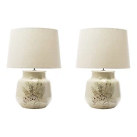Hello Honey® 22" Cream and Green Reactive Crackle Glaze Debossed Botanical Stoneware Table Lamp with Linen Shade Set