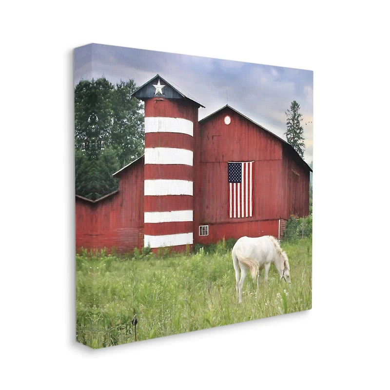 Stupell Industries Grazing White Horse Red Americana Barn Flag Canvas Wall Art