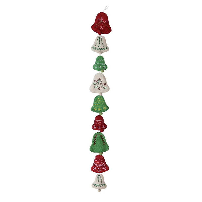 Hello Honey® 6ft. Cream, Red & Green Handmade Wool Felt Embroidered Bells Garland