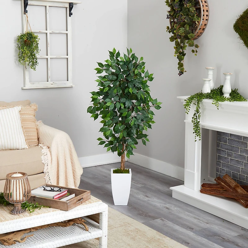 4.5ft. Ficus Artificial Tree in White Metal Planter