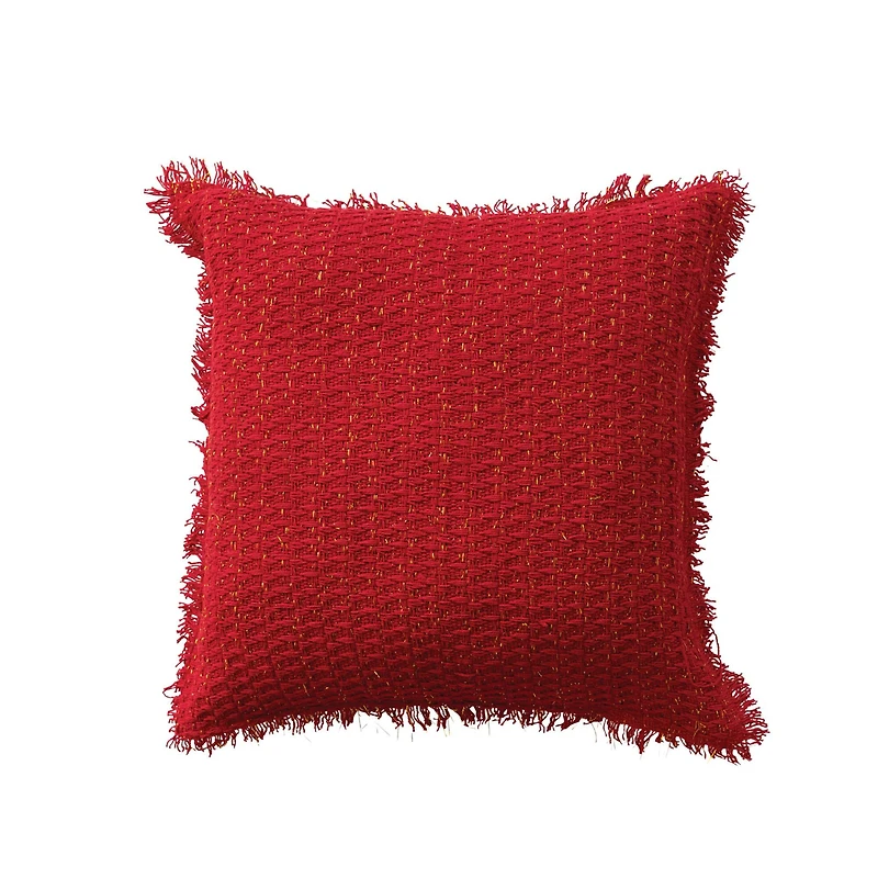 Hello Honey® 20" x 20" Square Red Woven Cotton Pillow with Metallic Gold Thread & Fringe