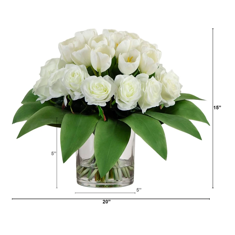 Wedding Collection 20in. Artificial Roses and Tulips Arrangement in Glass Vase