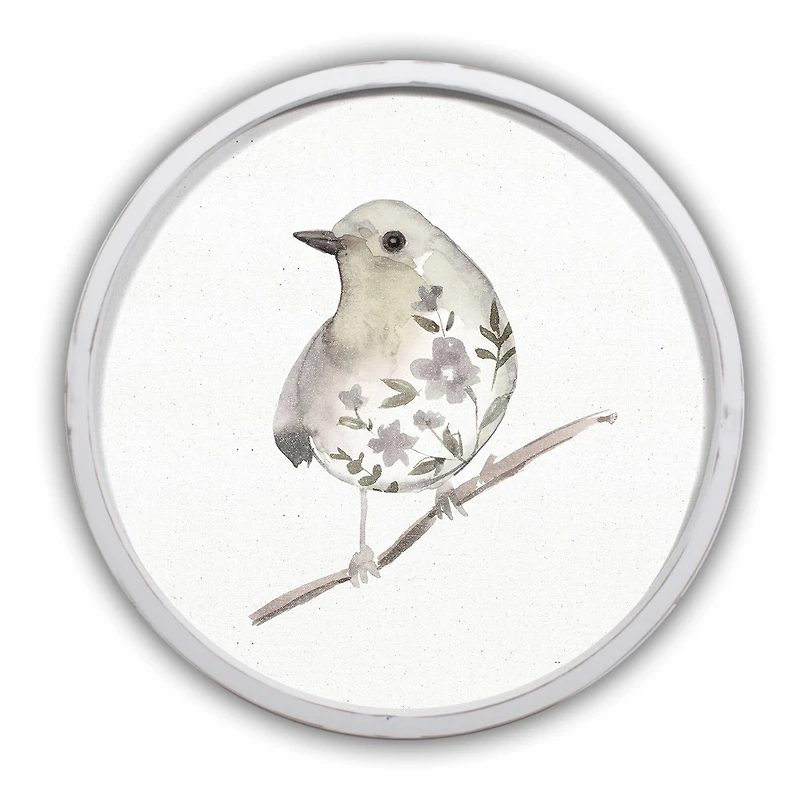 Neutral Sage Bird II Round White Framed Print