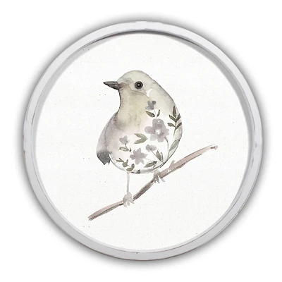 Neutral Sage Bird II Round White Framed Print