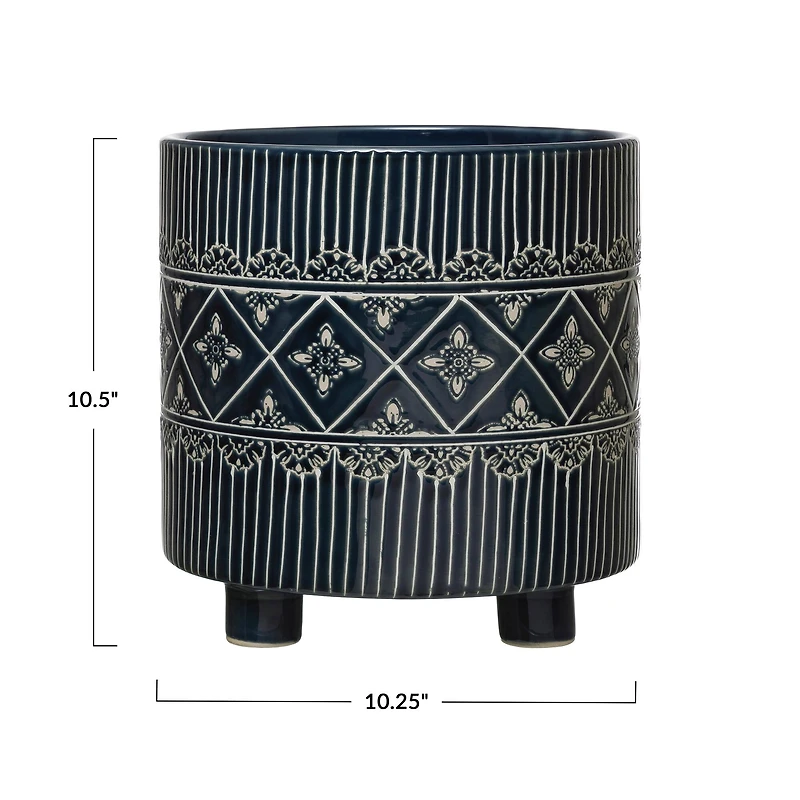 Hello Honey® 11" Blue & White Debossed Stoneware Footed Planter
