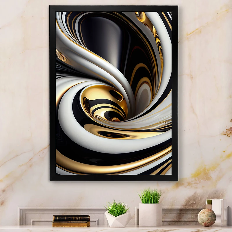 Designart 'Gold Black And White Stained Glass I' Modern Framed Canvas Wall Art
