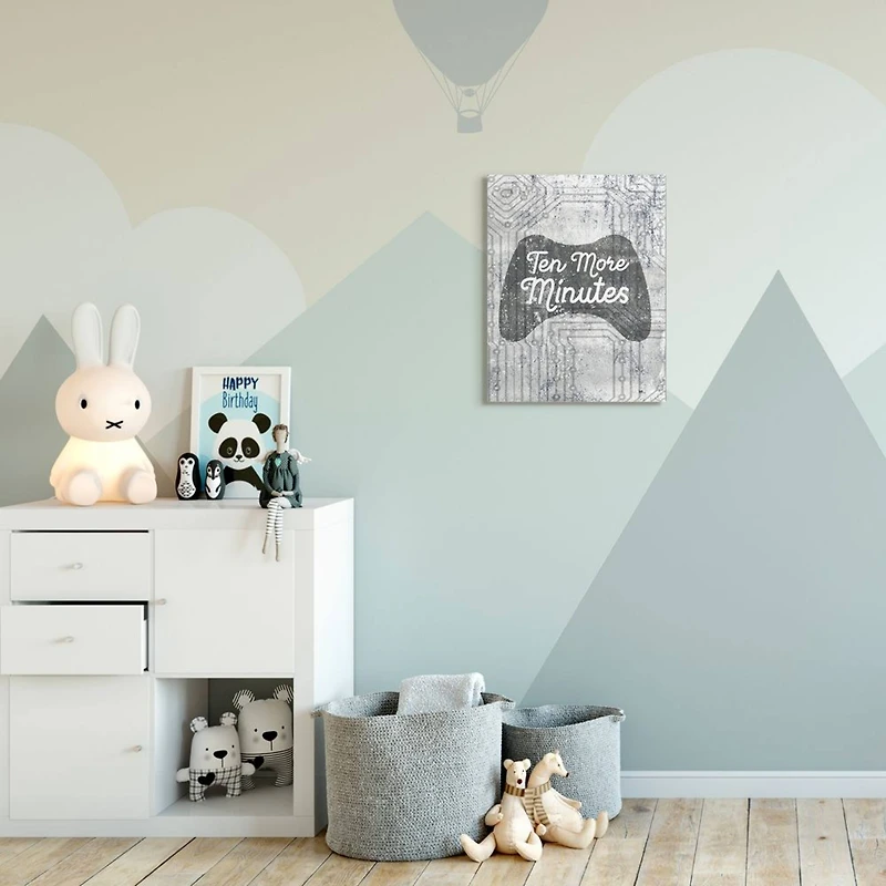 Stupell Industries Ten More Minutes Video Game Controller Gaming Grey White Words Canvas Wall Art