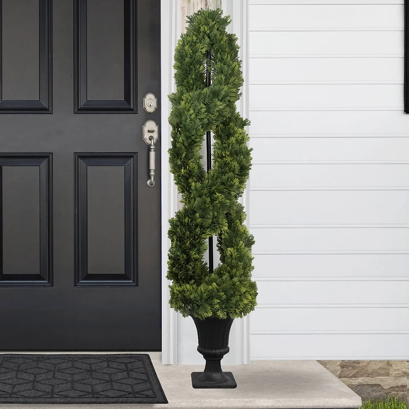 4.5ft. Unlit Artificial Cedar Double Spiral Topiary Tree in Urn Style Pot