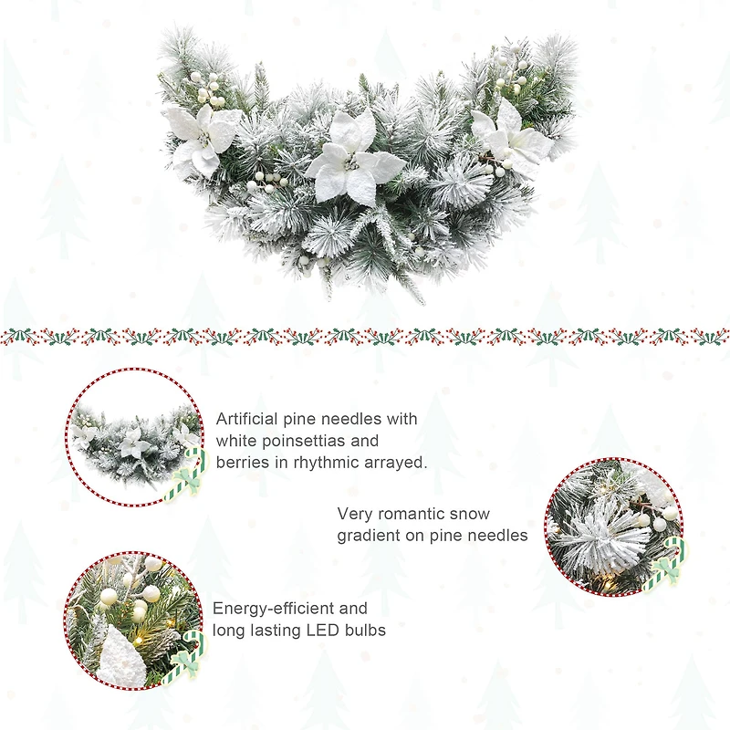 Glitzhome® 36" Pre-Lit Flocked Greenery Pine White Poinsettia & Berry Christmas Swag with Timer