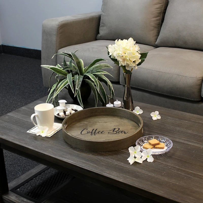 Elegant Designs™ 13.8" Round Gray Wash Coffee Bar Serving Tray with Handles