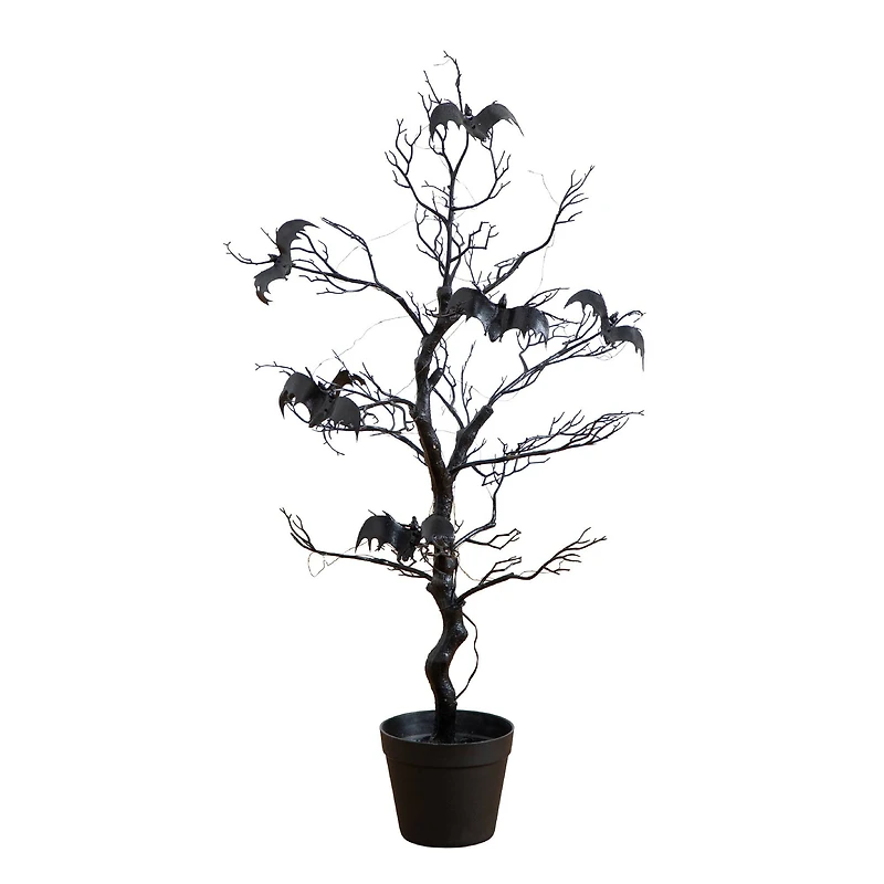 3ft. Pre-Lit Artificial Halloween Black Spooky Twig Tree with Bats and 100 Orange & Purple LED Lights