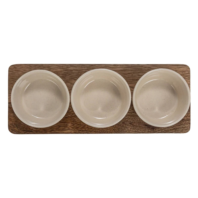 Hello Honey® Cream Stoneware Bowls & Natural Mango Wood Tray Set