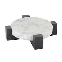 8.25" White Marble Round Tray with Black X-Shaped Base