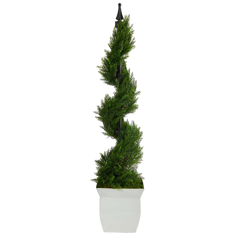 4ft. Spiral Cypress Topiary in White Metal Planter