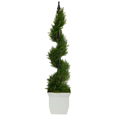 4ft. Spiral Cypress Topiary in White Metal Planter