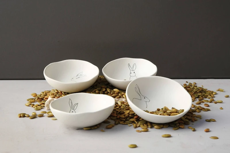 Hello Honey® 4" White Ceramic Rabbit Drawings Bowls, 4ct.