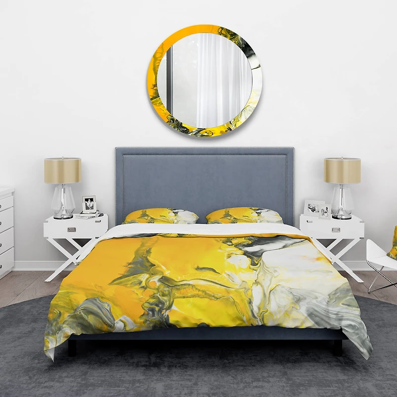 Designart 'White and Yellow Marbled Acrylic with a cloud of Black' Modern & Contemporary Bedding Set