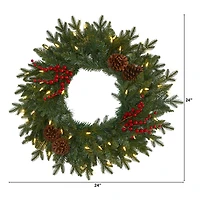 24" LED Green Pine Christmas Wreath with Berries & Pinecones