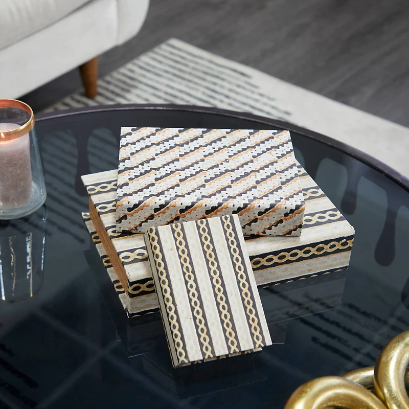 Brown Stripe & Chain Print Faux Leather Faux Book Box Set