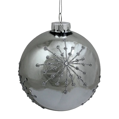 4" Shiny Silver Mirrored Glitter Snowflakes Ball Ornament