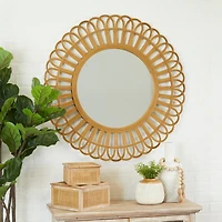 Brown Rattan Bohemian Wall Mirror, 35" x 35" x 1"