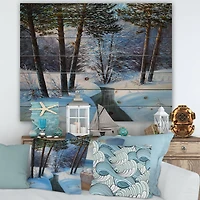 Designart Christmas Forest with River & Trees III Print on Natural Pine Wood