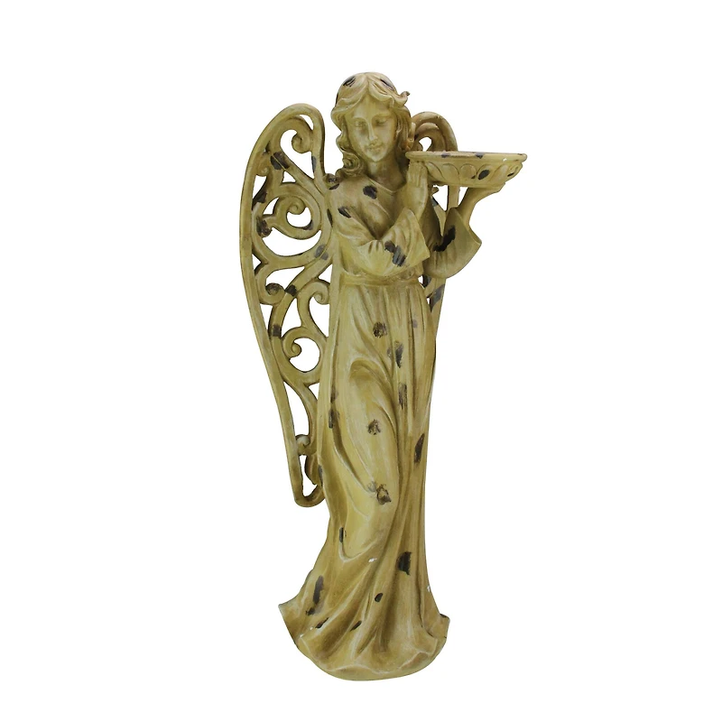 24.5" Brown Tranquil Angel with Scrollwork Wings Outdoor Bird Bath