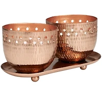 White Wax Sauvignon Blanc Scented Candle Set with Cutout Spotted Copper Container and Oval Holding Tray