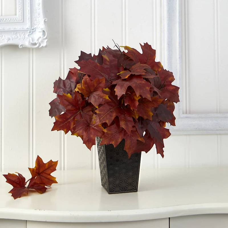 18" Burgundy Autumn Maple Leaf Plant in Embossed Black Planter