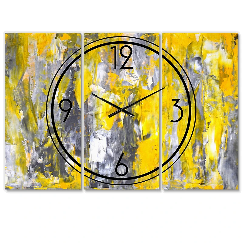 Designart Gray & Yellow Abstract Pattern Modern 3 Panel Wall Clock