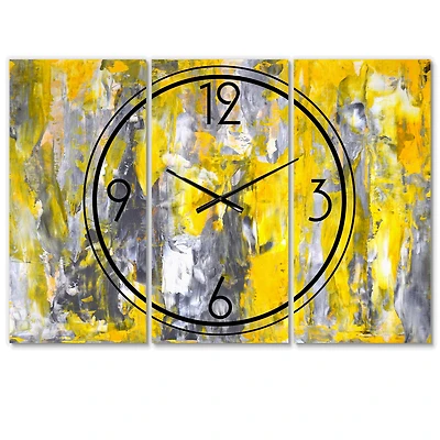 Designart Gray & Yellow Abstract Pattern Modern 3 Panel Wall Clock