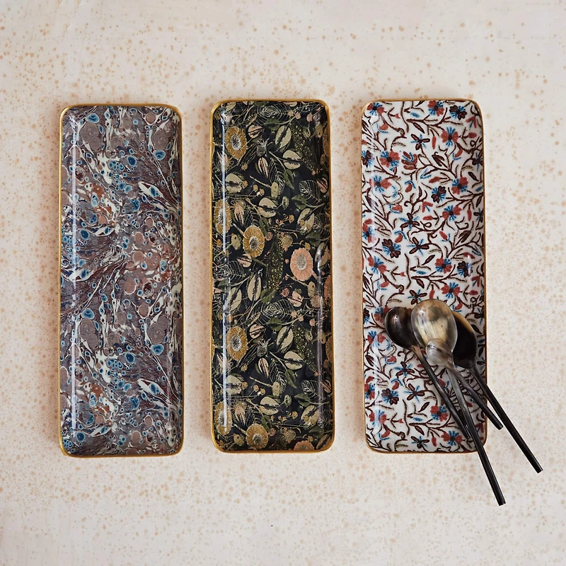 Hello Honey® 13" Abstract Print & Earthy Foliage Metal Tray, 3ct.