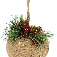 5" Green Rustic Pinecone & Holly Berry Jingle Bell Ornament