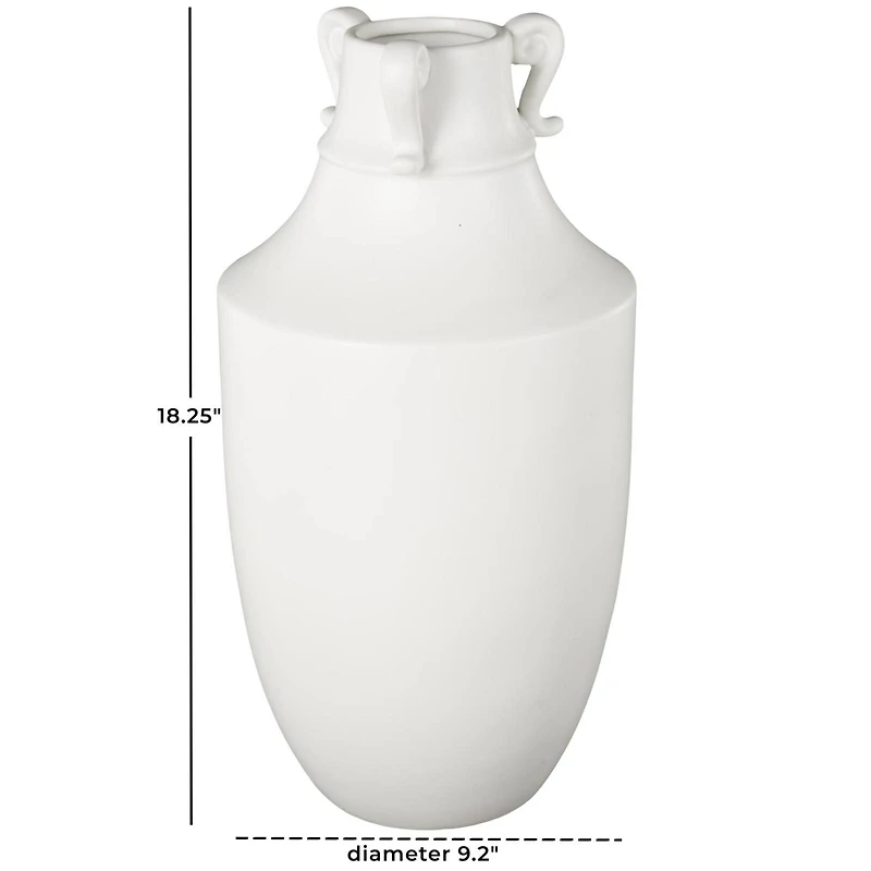18.25" White Ceramic Sleek Amphora Vase with Scroll Handles
