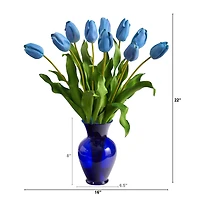 22" Light Blue Dutch Tulip Arrangement in Blue Vase