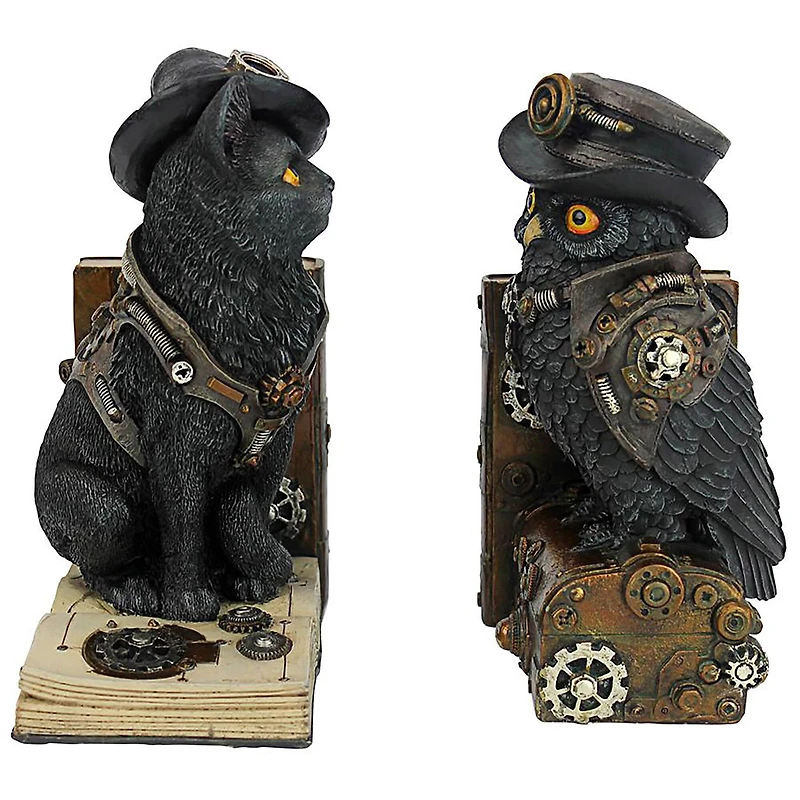 Design Toscano Knowledge Seekers Steampunk Cat and Owl Sculptural Bookends