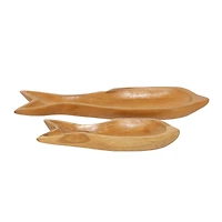 Brown Fish Teak Wood Coastal Style Tray Set