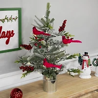 2ft. Pre-Lit Potted Frosted Mixed Pine with Cardinals Christmas Tree, Warm White LED Lights