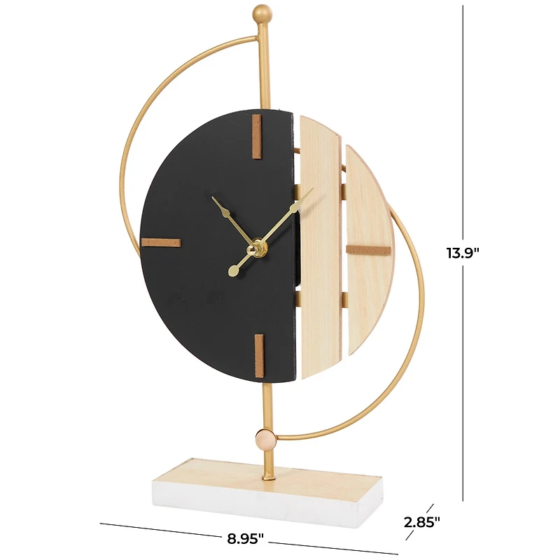 CosmoLiving by Cosmopolitan 14" Black Wooden Geometric Two-Toned Clock with Wood Accents & Gold Semicircle Frame