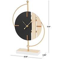 CosmoLiving by Cosmopolitan 14" Black Wooden Geometric Two-Toned Clock with Wood Accents & Gold Semicircle Frame