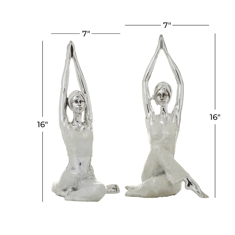 Set of 2 Silver Polystone Glam Yoga Sculpture, 7" x 16"